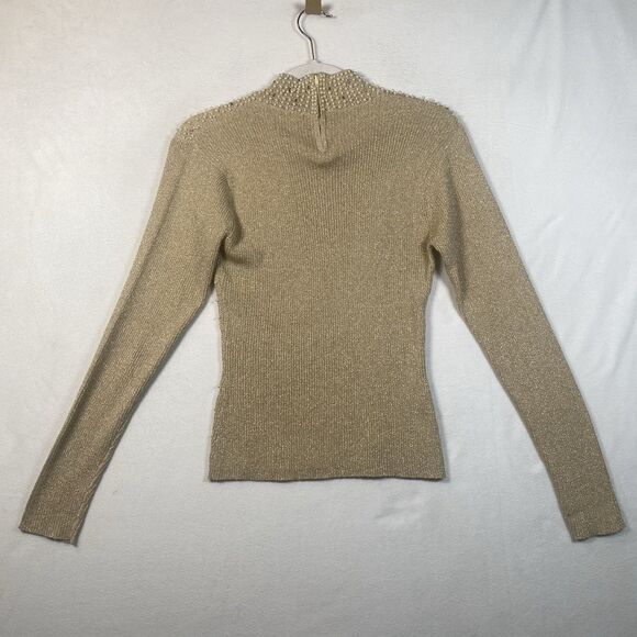 Cache Gold Metallic Pearl Embellished Mock Neck Sweater M Back Zip Beaded Knit - Picture 2 of 11
